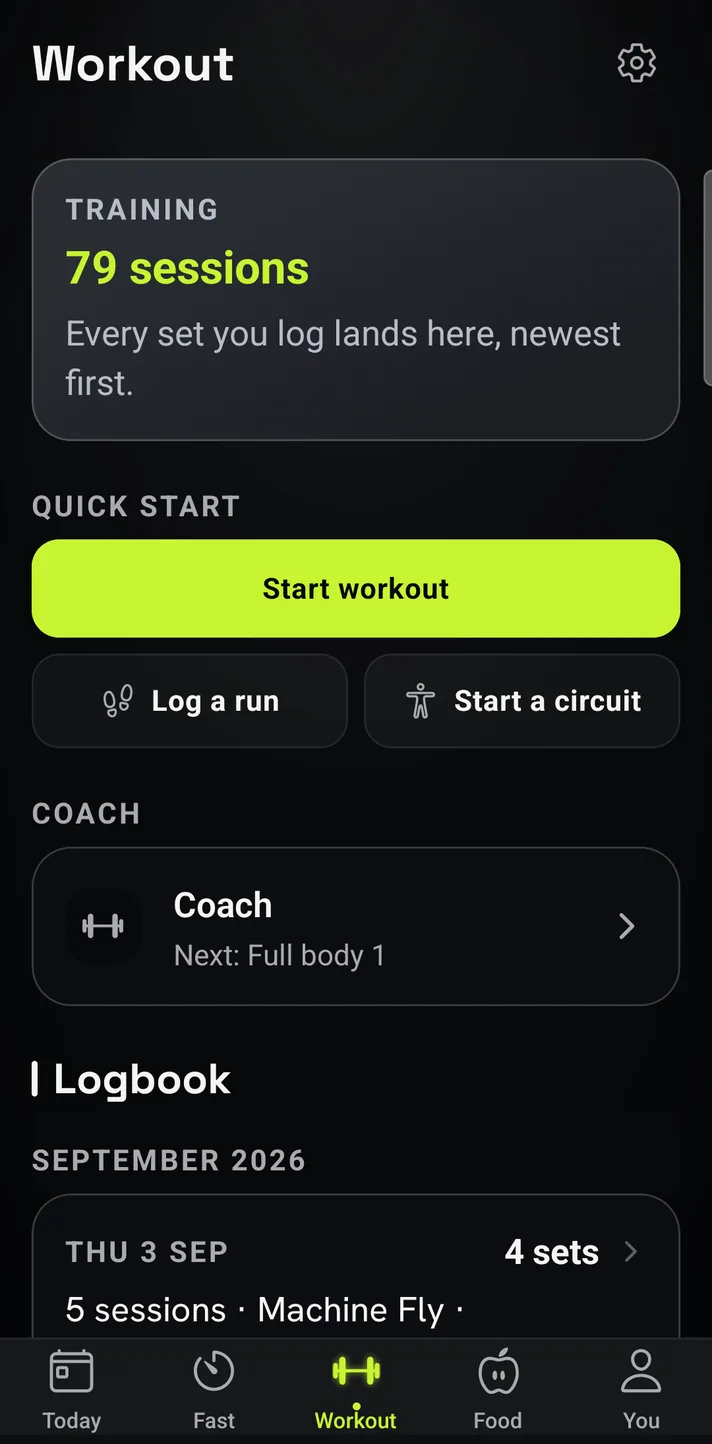 Workout hub with the session log and Start workout