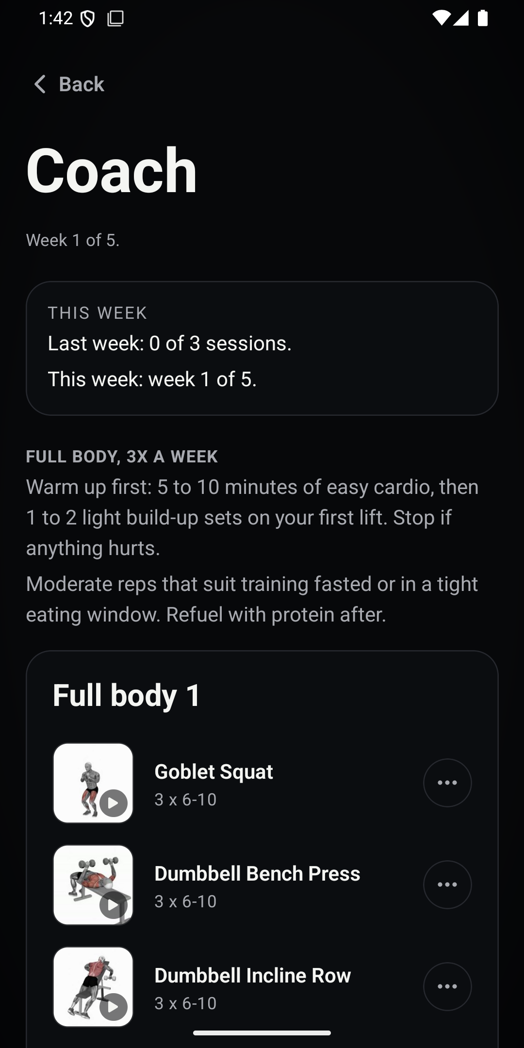 FastLift Coach session with a looping exercise demo video, sets and form cues