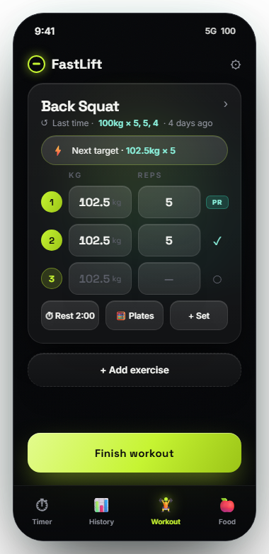 FastLift workout set logger with last-time recall and a next-target suggestion