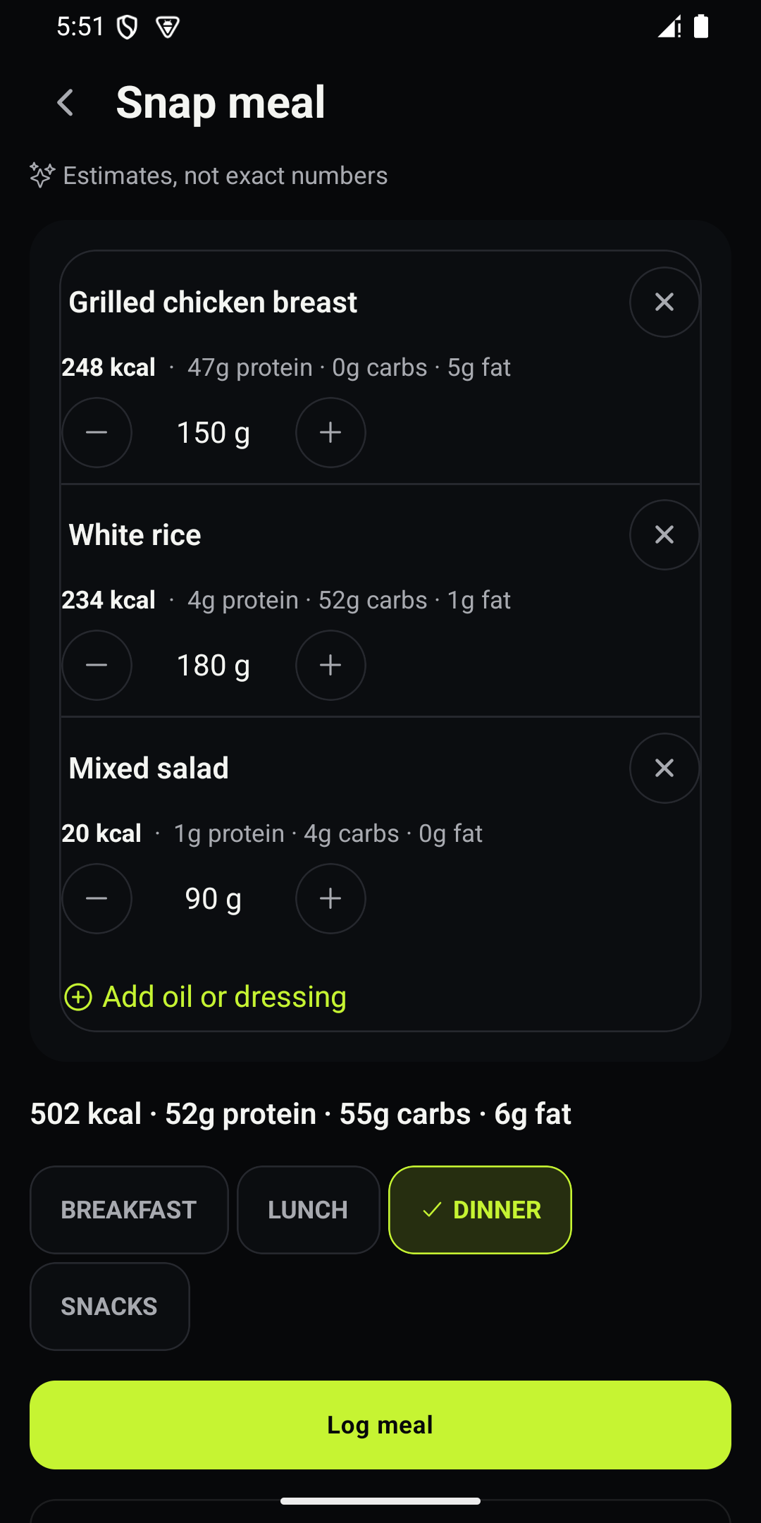 FastLift Snap meal scan review sheet with itemized foods and macros